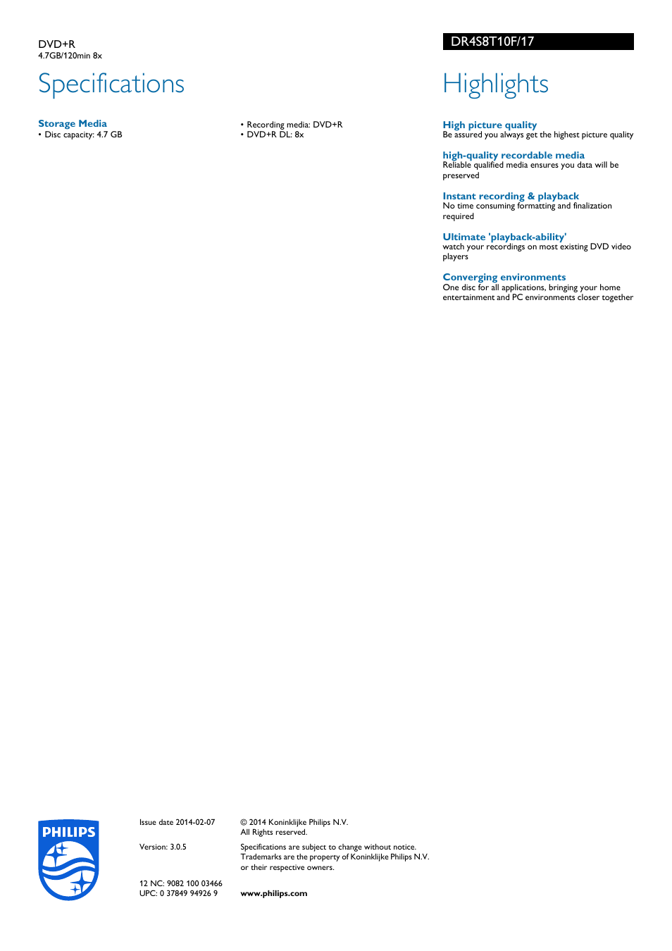 Specifications, Highlights | Philips DR4S8T10F-17 User Manual | Page 2 / 2