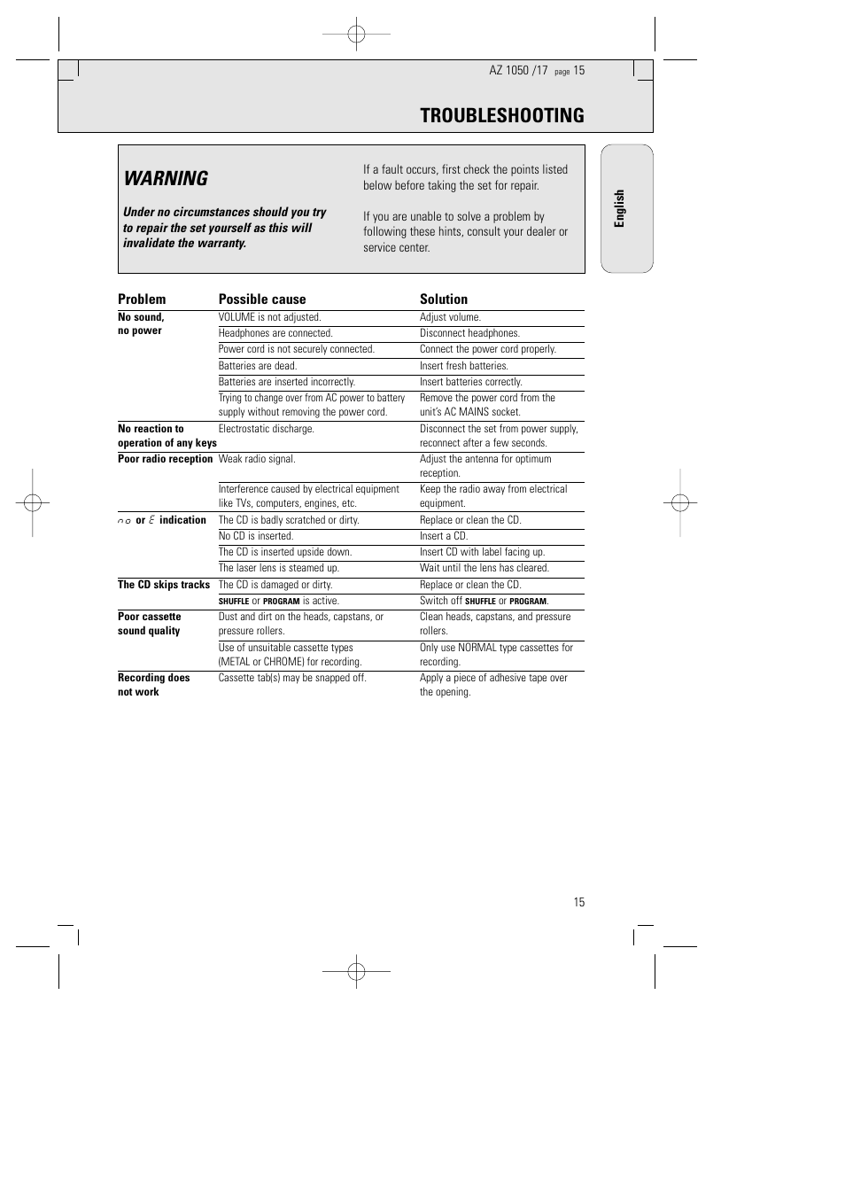 Troubleshooting warning, Problem possible cause solution | Philips AZ1050 User Manual | Page 11 / 11