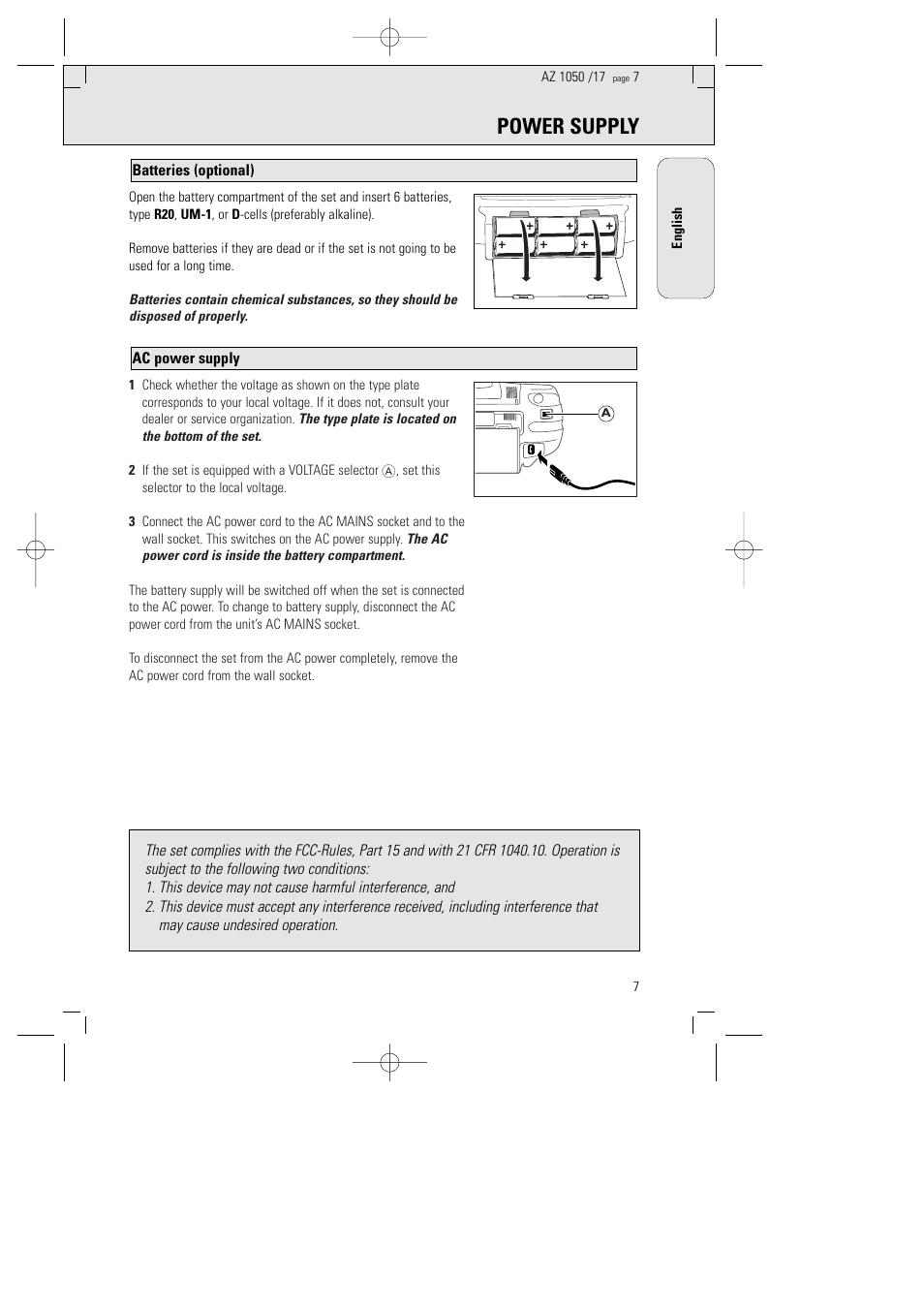Power supply | Philips AZ1050 User Manual | Page 3 / 11