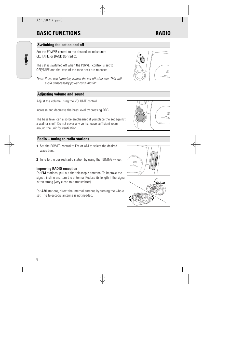 Basic functions radio, Radio – tuning to radio stations, Adjusting volume and sound | Switching the set on and off | Philips AZ1050 User Manual | Page 4 / 11
