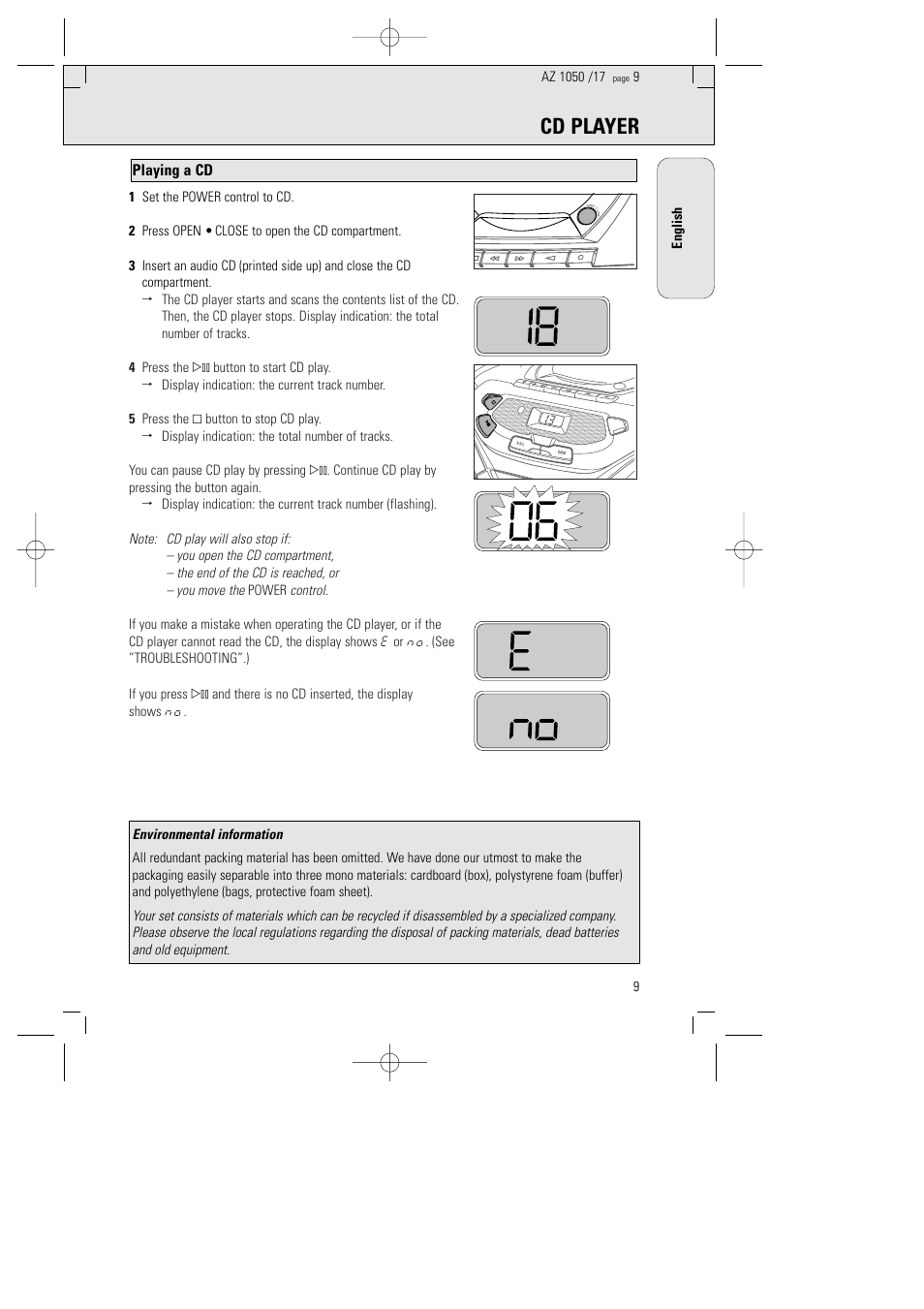 Cd player, Playing a cd | Philips AZ1050 User Manual | Page 5 / 11