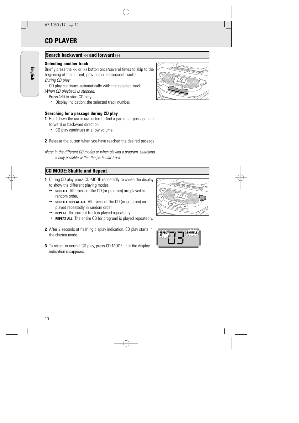 Cd player, Cd mode: shuffle and repeat, Search backward | And forward, The current track is played repeatedly | Philips AZ1050 User Manual | Page 6 / 11