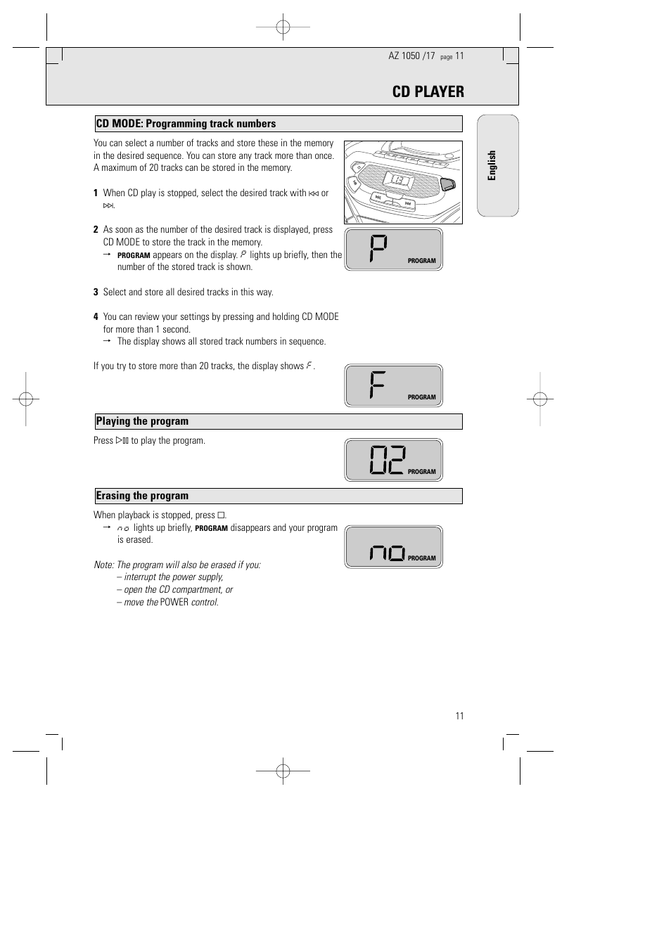 Cd player, Erasing the program, Playing the program | Cd mode: programming track numbers | Philips AZ1050 User Manual | Page 7 / 11