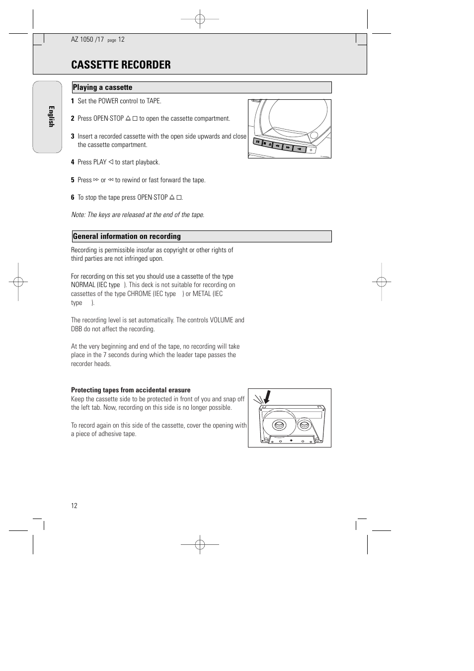 Cassette recorder, General information on recording, Playing a cassette | Philips AZ1050 User Manual | Page 8 / 11