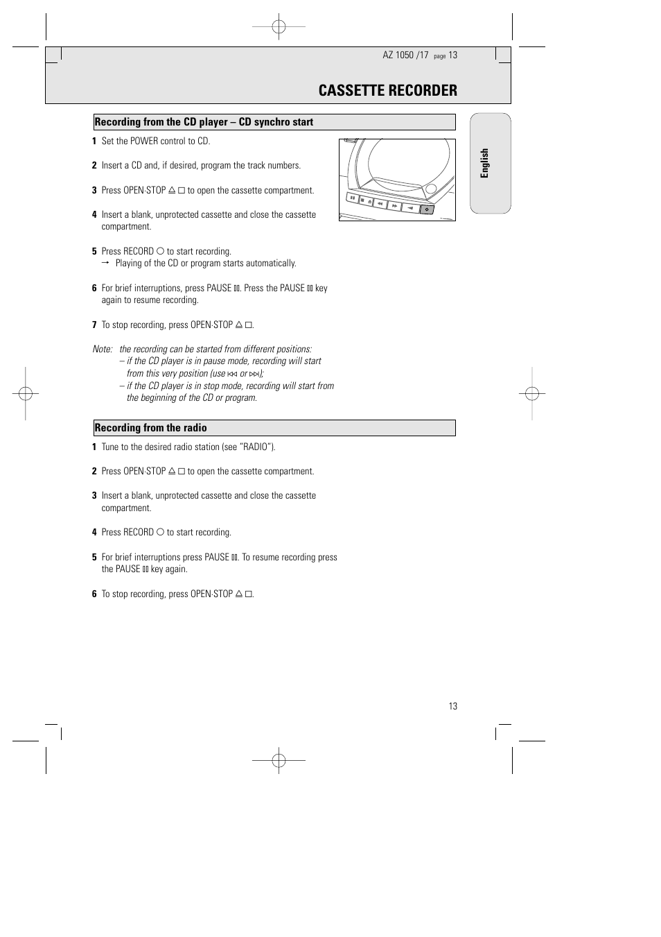 Cassette recorder, Recording from the radio, Recording from the cd player – cd synchro start | Philips AZ1050 User Manual | Page 9 / 11