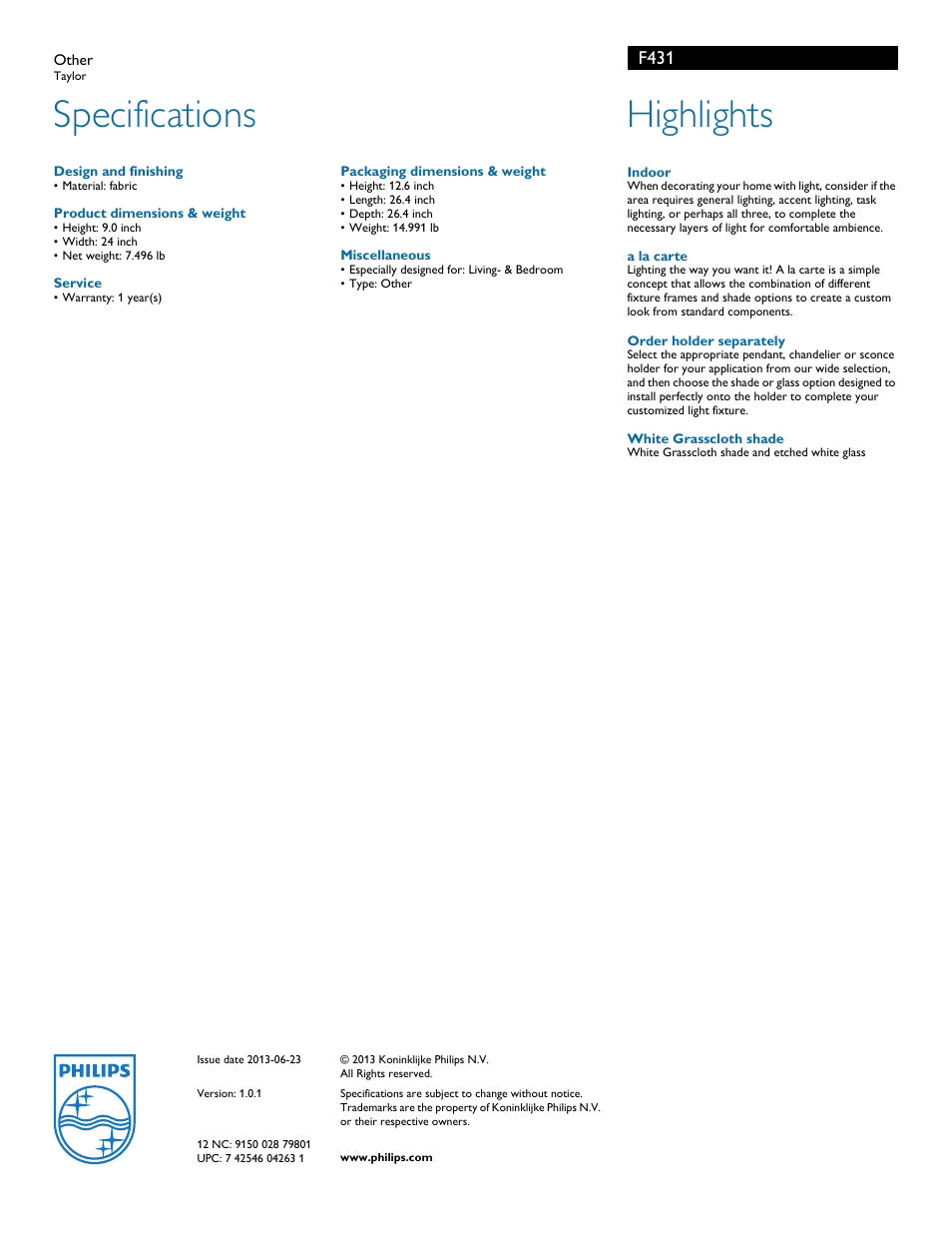 Specifications, Highlights, F431 | Philips F431 User Manual | Page 2 / 2