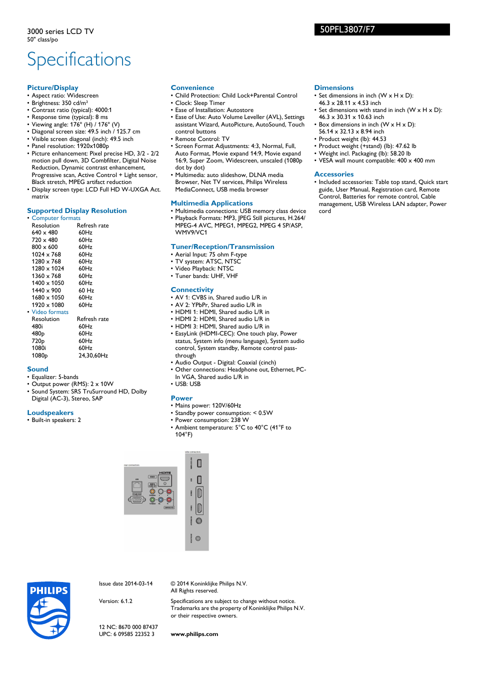 Specifications | Philips 50PFL3807-F7 User Manual | Page 3 / 3