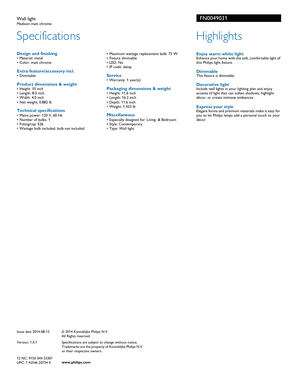 Specifications, Highlights | Philips FN0049031 User Manual | Page 2 / 2