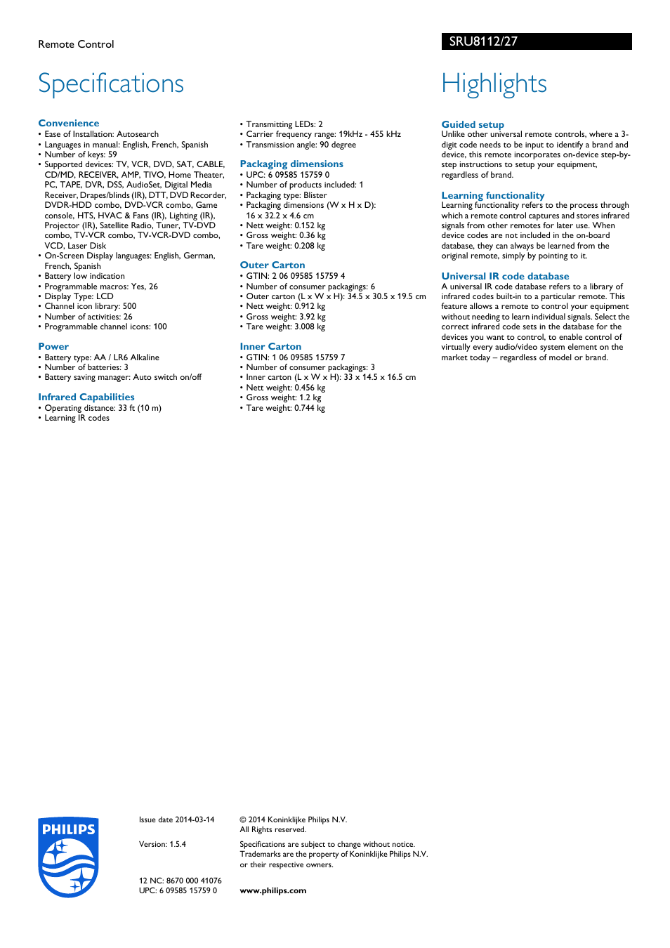 Specifications, Highlights | Philips SRU8112-27 User Manual | Page 2 / 2