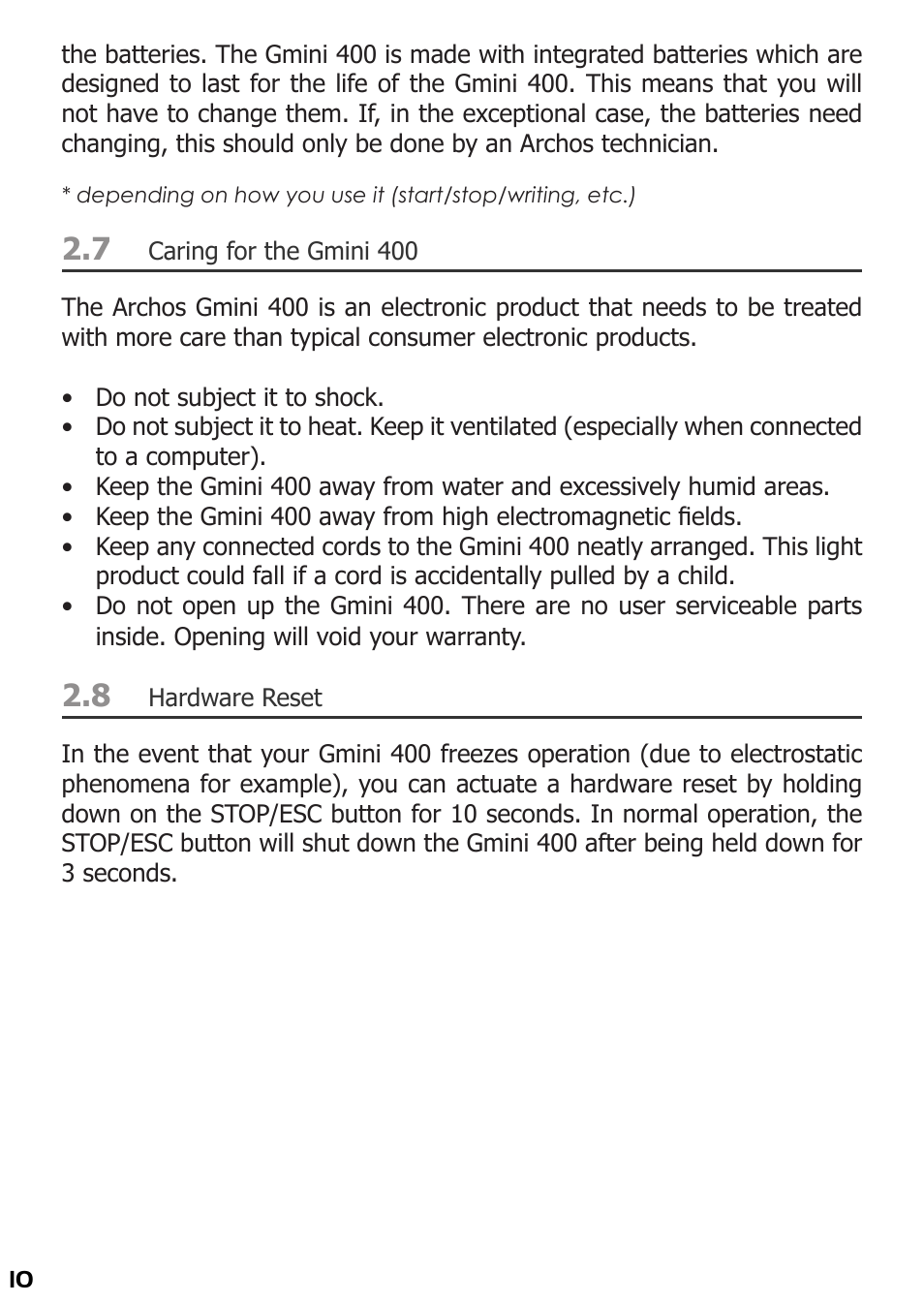 Caring for the gmini 400, Hardware reset | ARCHOS 400 User Manual | Page 10 / 68