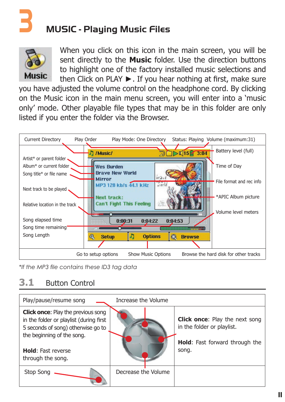 3 music - playing music files, Button control, Music - playing music files | ARCHOS 400 User Manual | Page 11 / 68