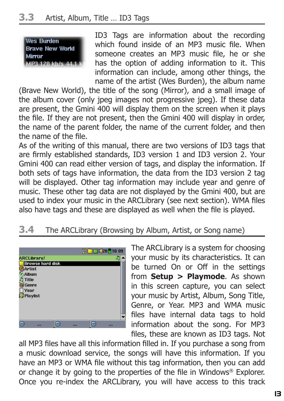 Artist, album, title … id3 tags | ARCHOS 400 User Manual | Page 13 / 68