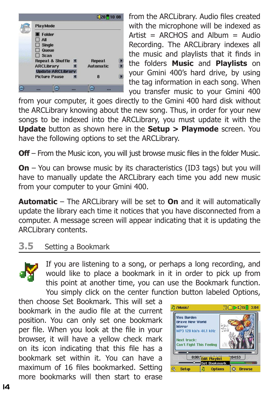 Setting a bookmark | ARCHOS 400 User Manual | Page 14 / 68