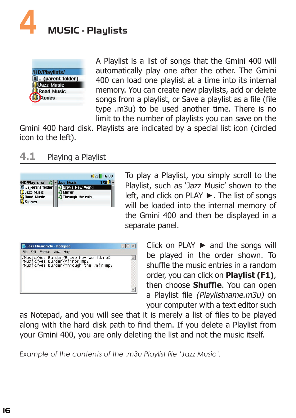4 music - playlists, Playing a playlist | ARCHOS 400 User Manual | Page 16 / 68