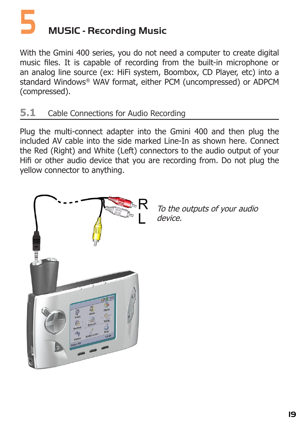 5 music - recording music, Cable connections for audio recording | ARCHOS 400 User Manual | Page 19 / 68