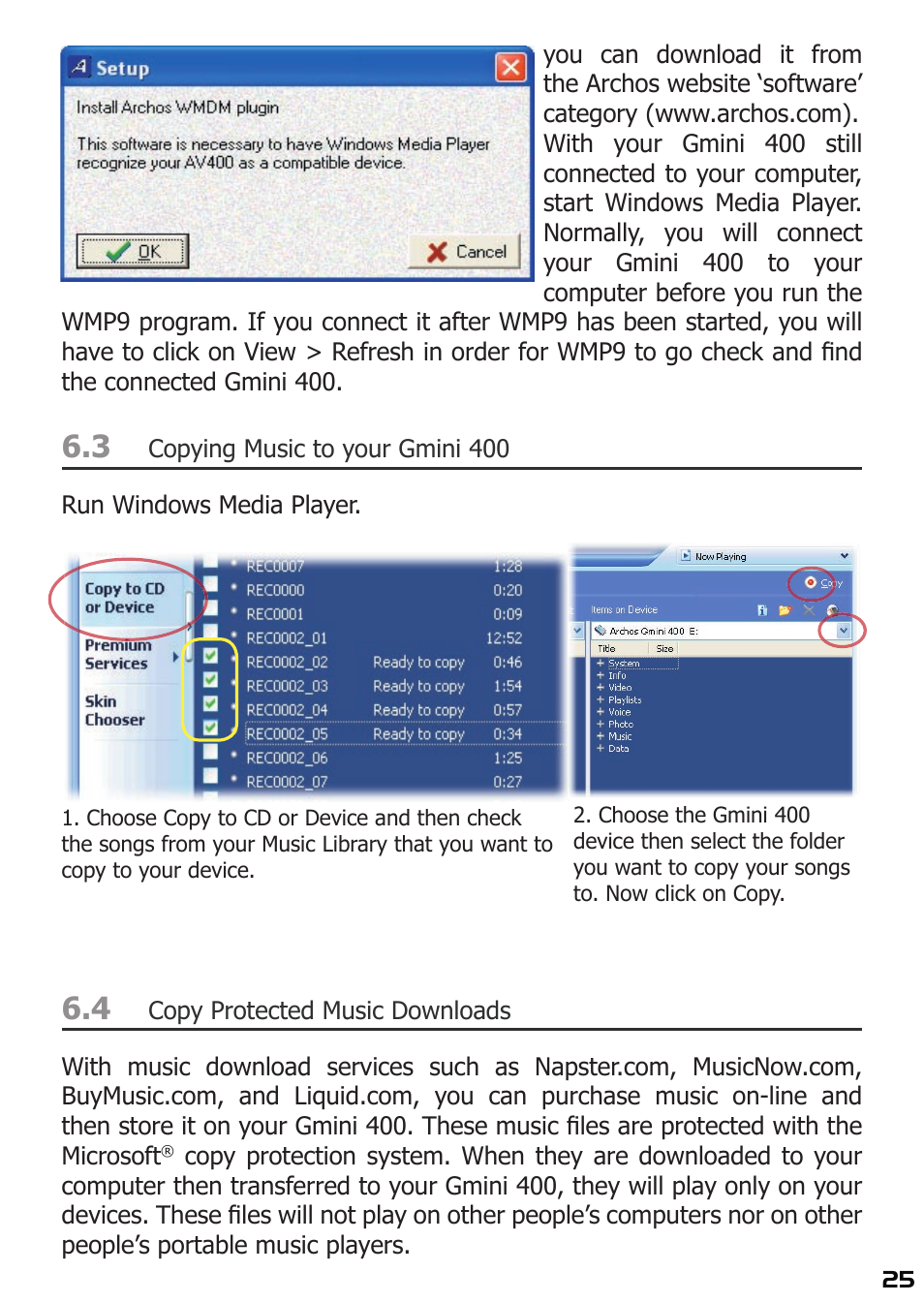 Copying music to your gmini 400, Copy protected music downloads | ARCHOS 400 User Manual | Page 25 / 68