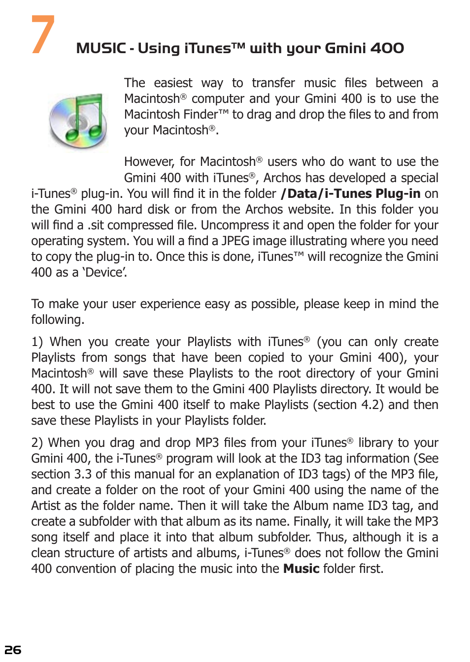 7 music - using itunes™ with your gmini 400, Music - using itunes™ with your gmini 400 | ARCHOS 400 User Manual | Page 26 / 68