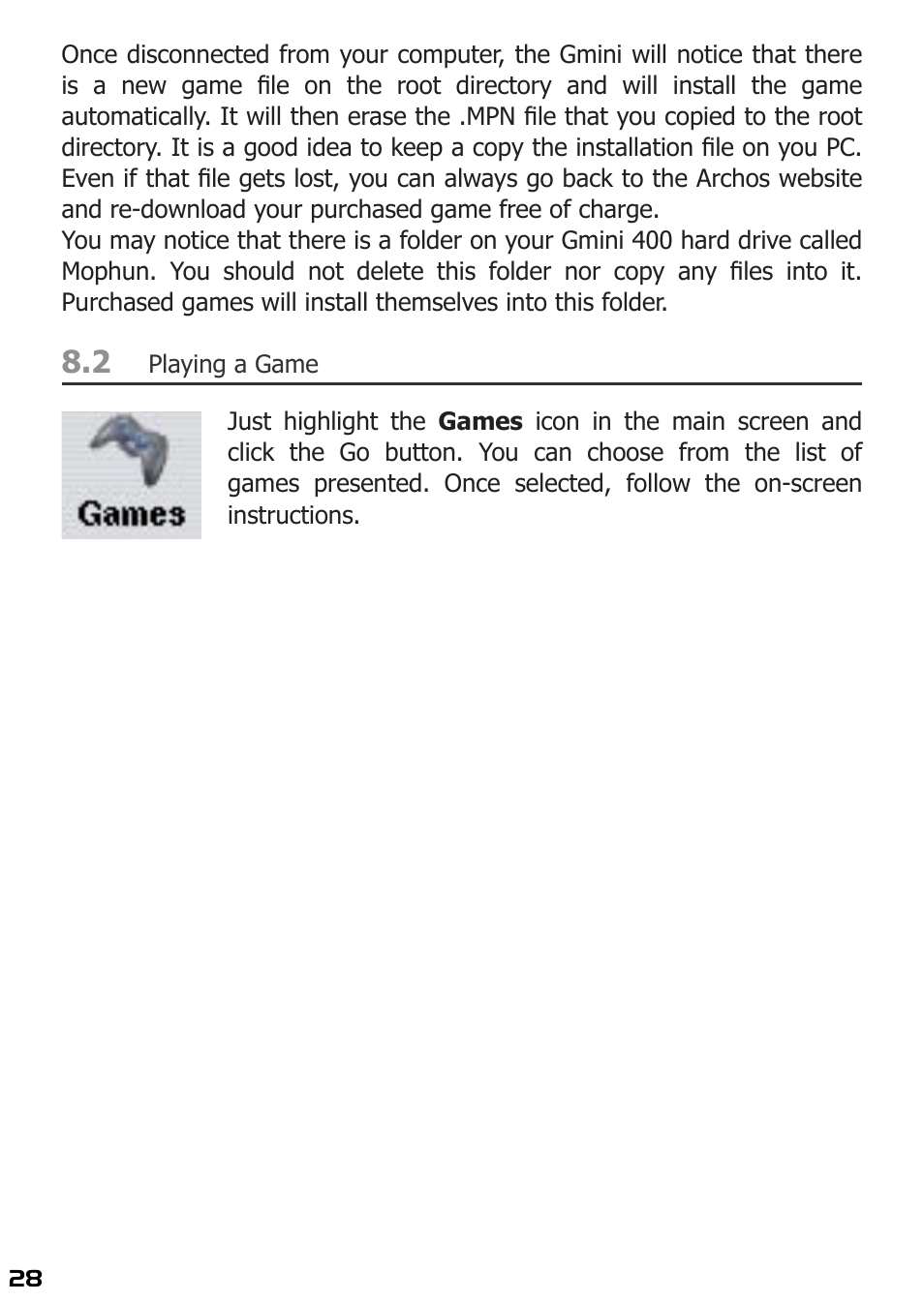 Playing a game | ARCHOS 400 User Manual | Page 28 / 68