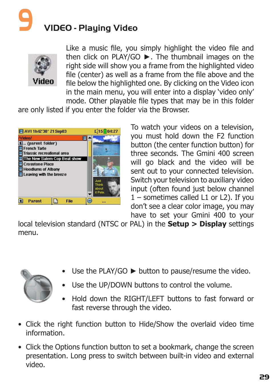 9 video - playing video | ARCHOS 400 User Manual | Page 29 / 68