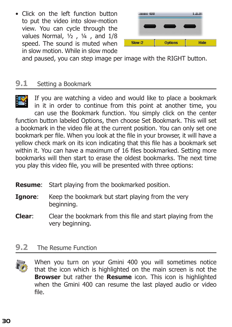 Setting a bookmark, The resume function | ARCHOS 400 User Manual | Page 30 / 68