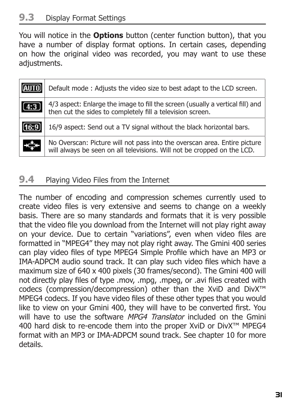 Display format settings, Playing video files from the internet | ARCHOS 400 User Manual | Page 31 / 68