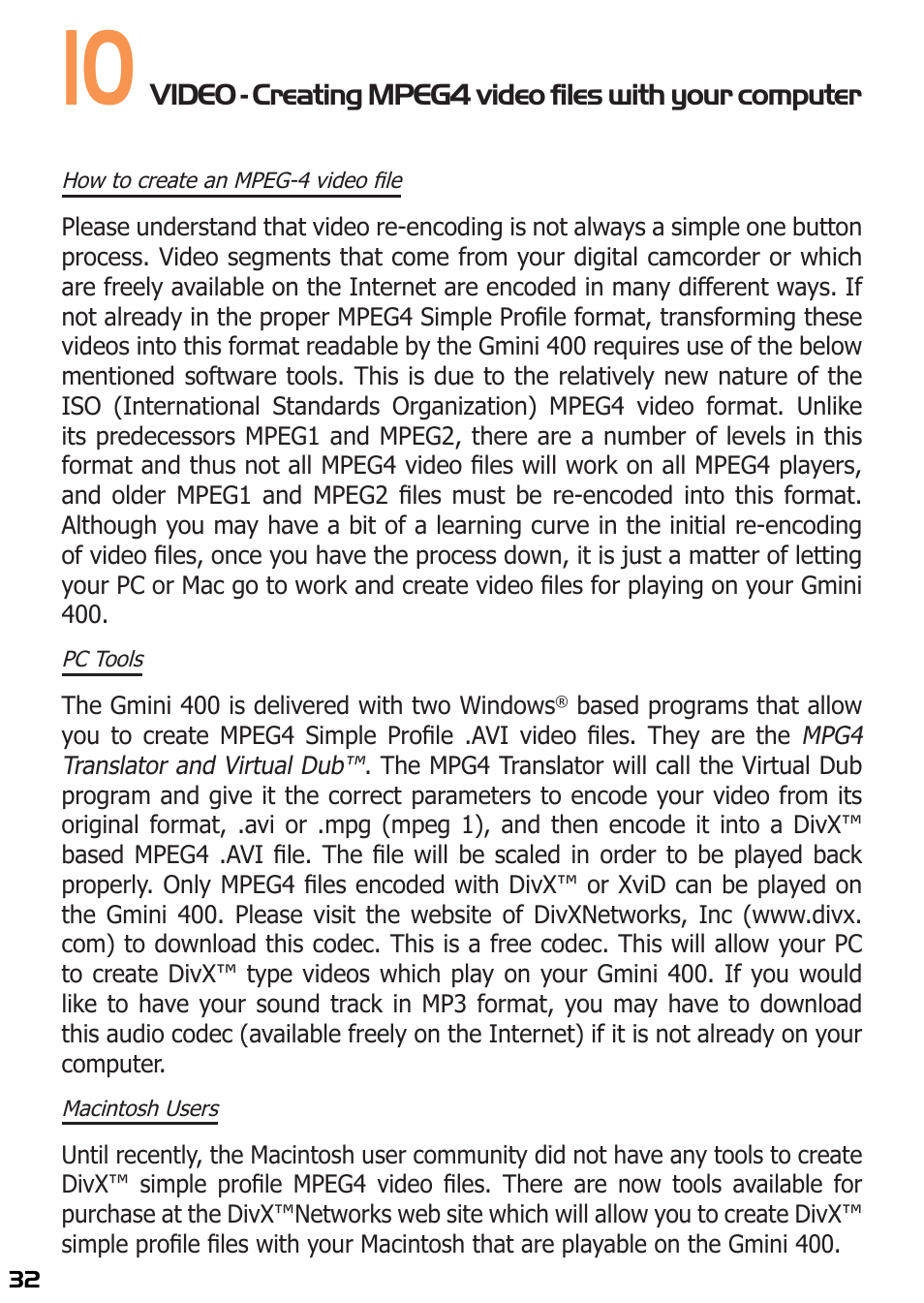 How to create an mpeg-4 video file, Pc tools, Macintosh users | ARCHOS 400 User Manual | Page 32 / 68