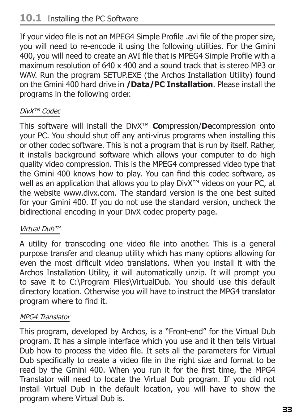 1 installing the pc software, Divx™ codec, Virtual dub | Mpg4 translator | ARCHOS 400 User Manual | Page 33 / 68