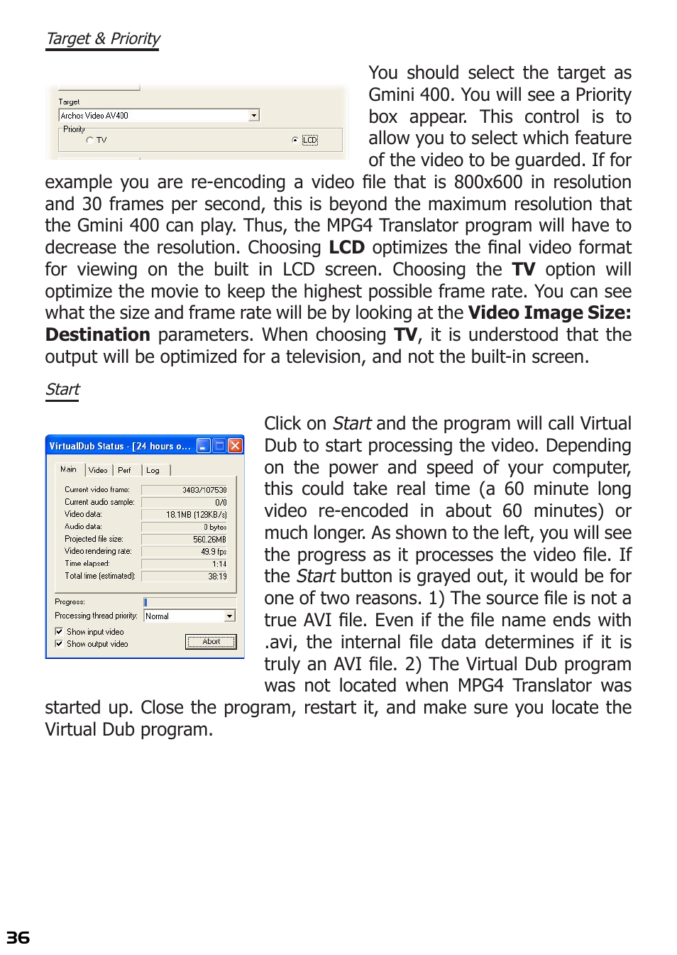 Target & priority, Start | ARCHOS 400 User Manual | Page 36 / 68