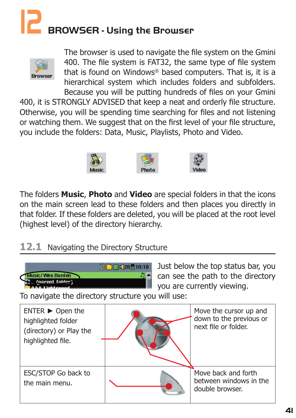12 browser - using the browser, 1 navigating the directory structure | ARCHOS 400 User Manual | Page 41 / 68