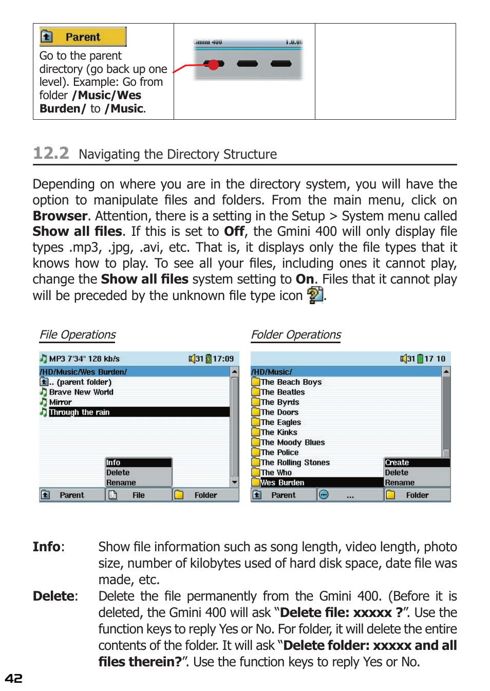 2 navigating the directory structure, File operations, Folder operations | ARCHOS 400 User Manual | Page 42 / 68