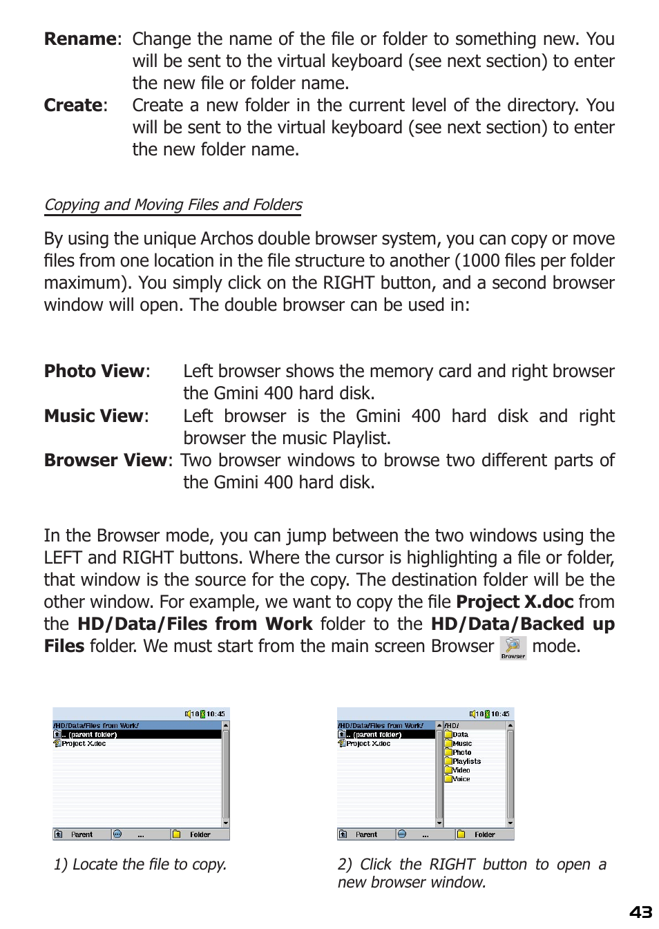 Copying and moving files and folders | ARCHOS 400 User Manual | Page 43 / 68