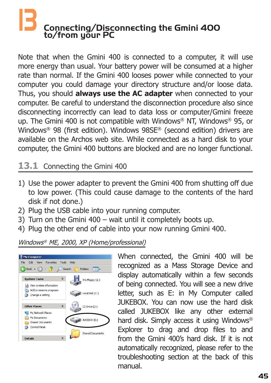 1 connecting the gmini 400, Me, 2000, xp (home/professional) | ARCHOS 400 User Manual | Page 45 / 68