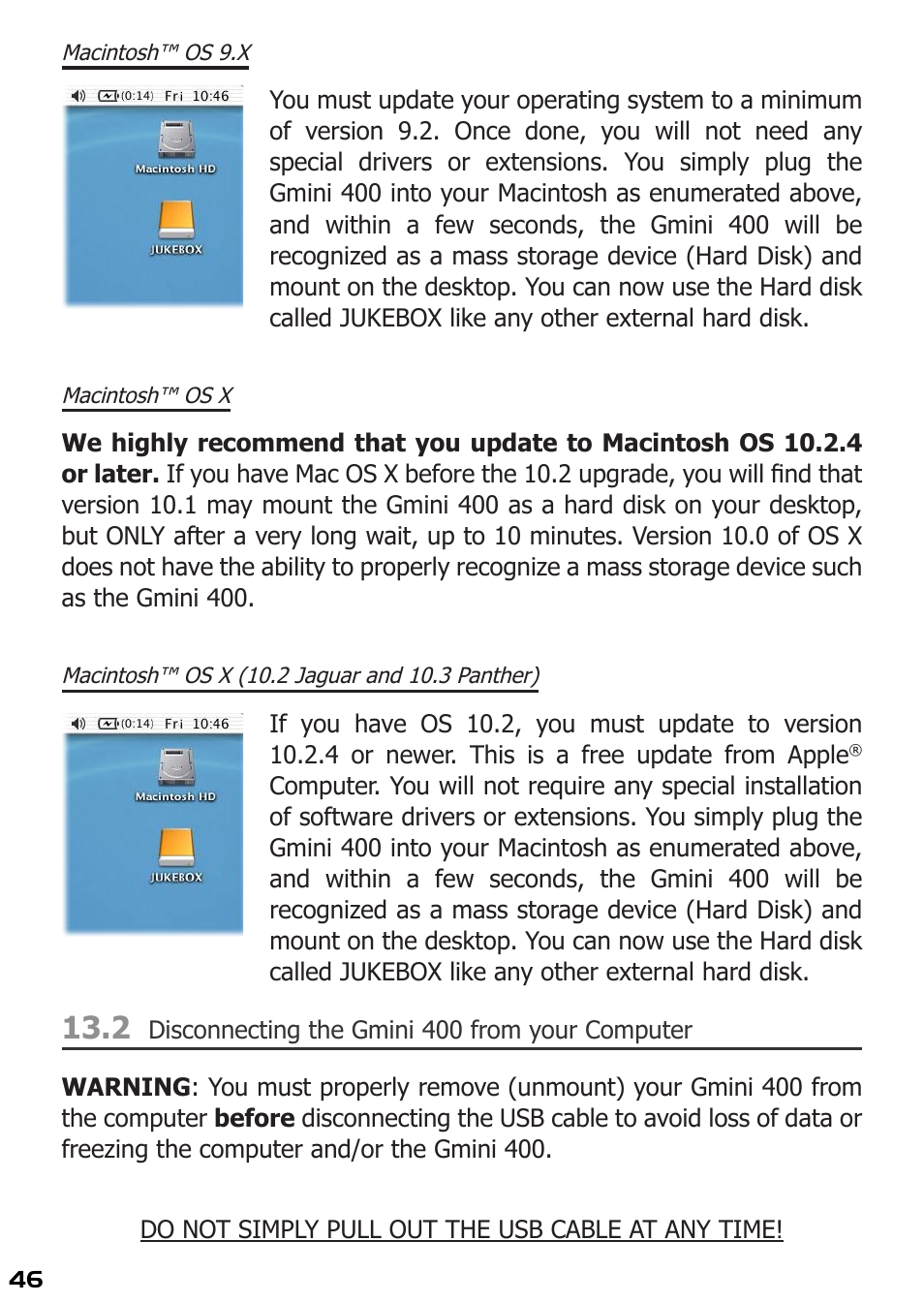 Macintosh™ os 9.x, Macintosh™ os x, Macintosh™ os x (10.2 jaguar and 10.3 panther) | 2 disconnecting the gmini 400 from your computer | ARCHOS 400 User Manual | Page 46 / 68
