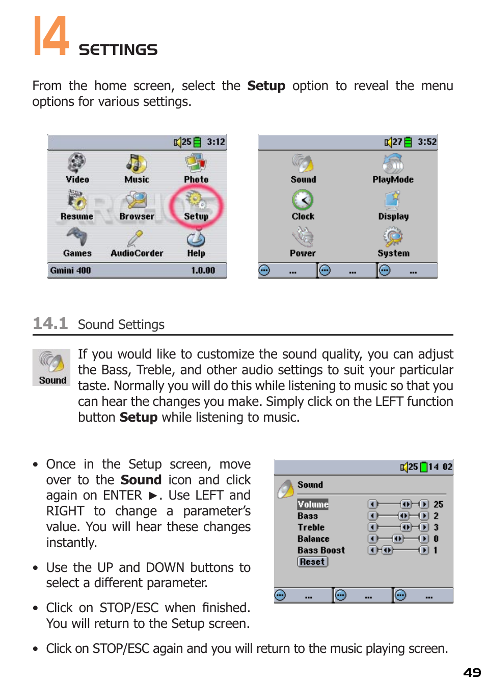 14 settings, 1 sound settings | ARCHOS 400 User Manual | Page 49 / 68