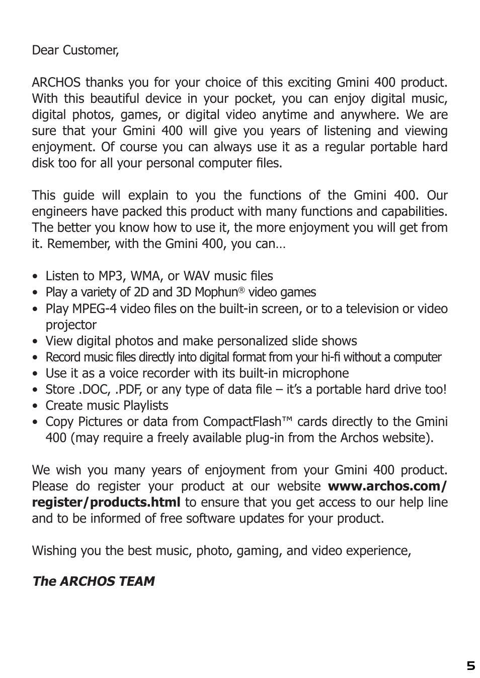 ARCHOS 400 User Manual | Page 5 / 68