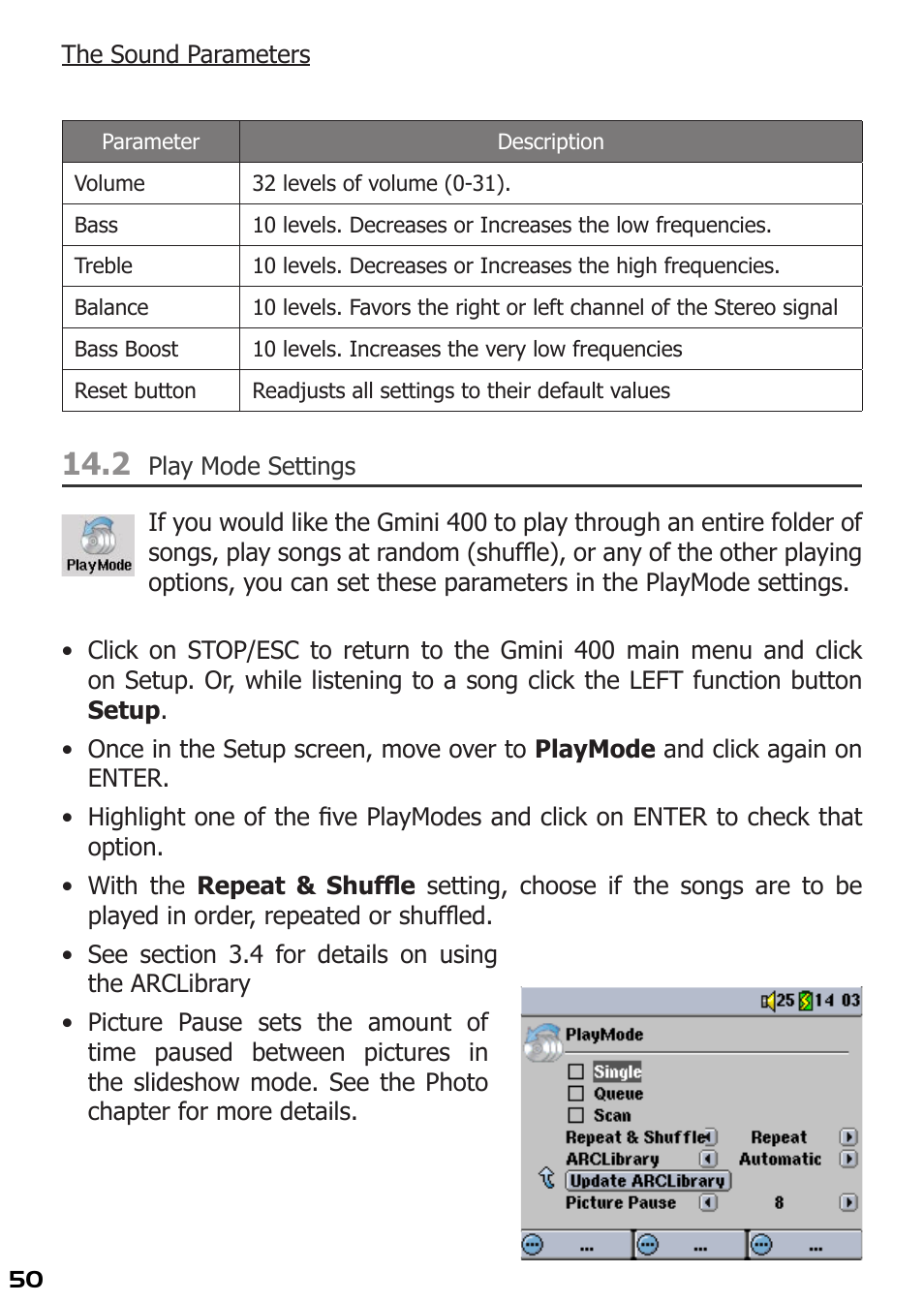 2 play mode settings | ARCHOS 400 User Manual | Page 50 / 68