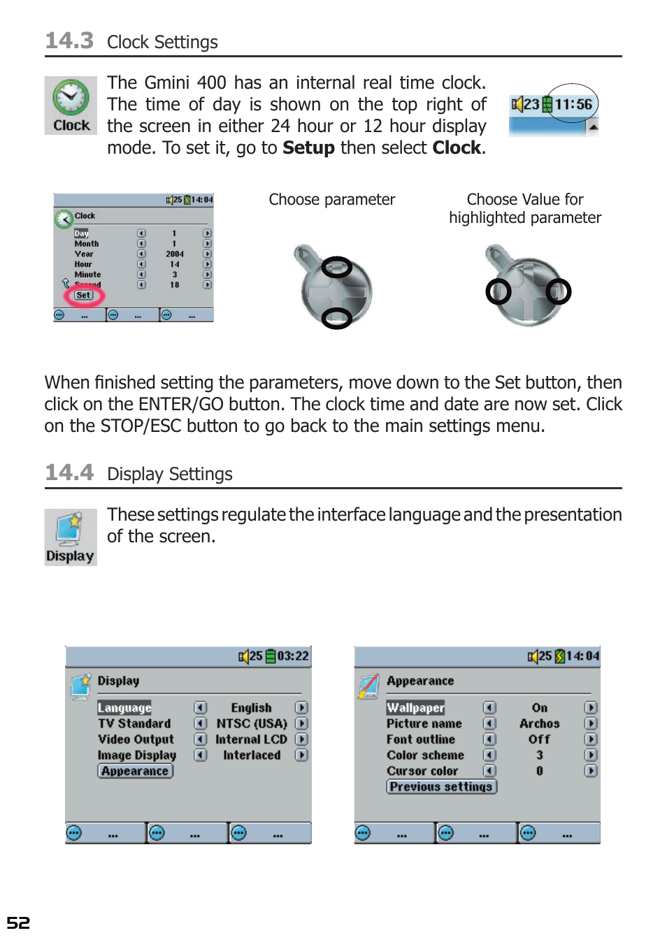 3 clock settings, 4 display settings | ARCHOS 400 User Manual | Page 52 / 68