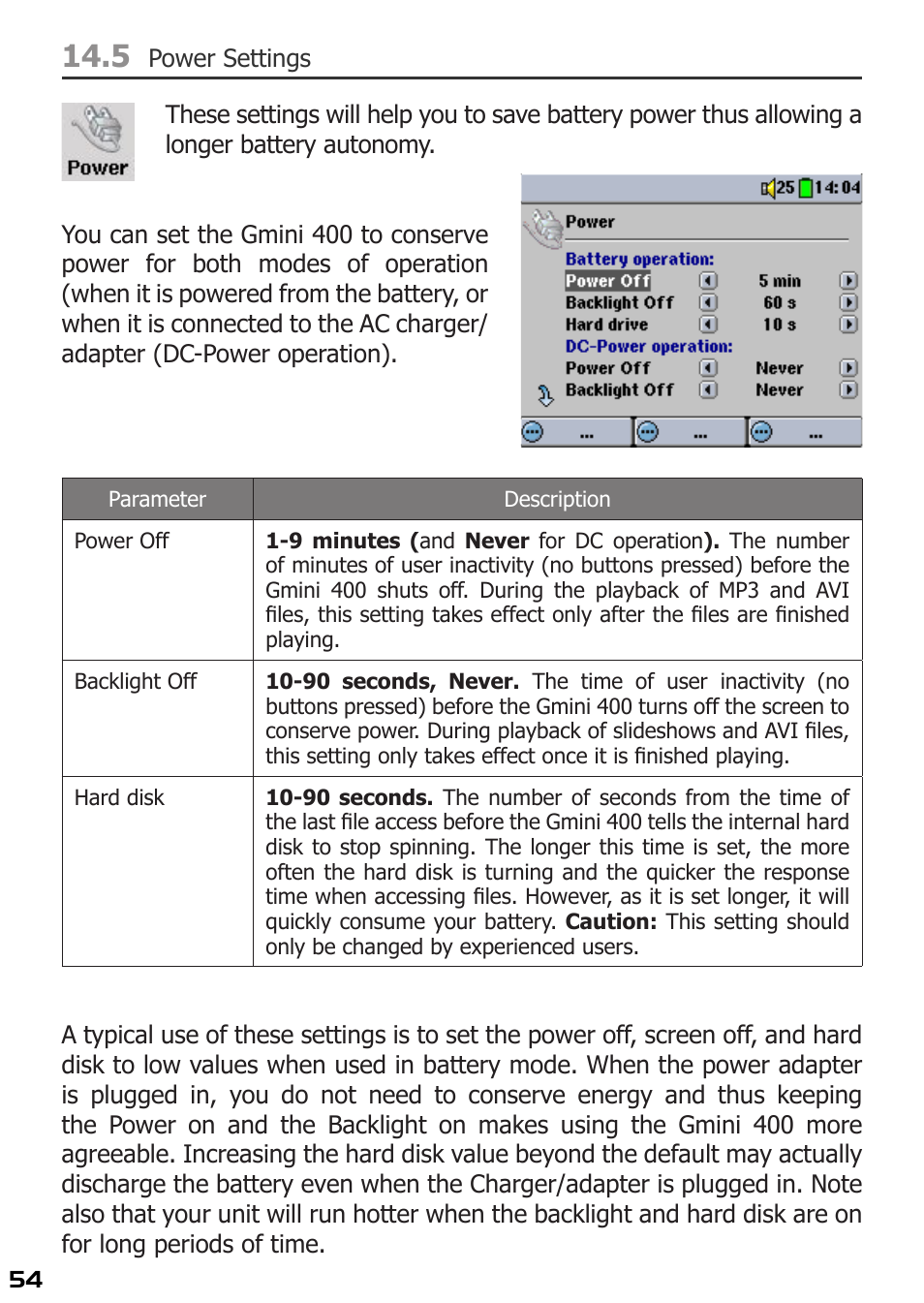 5 power settings | ARCHOS 400 User Manual | Page 54 / 68