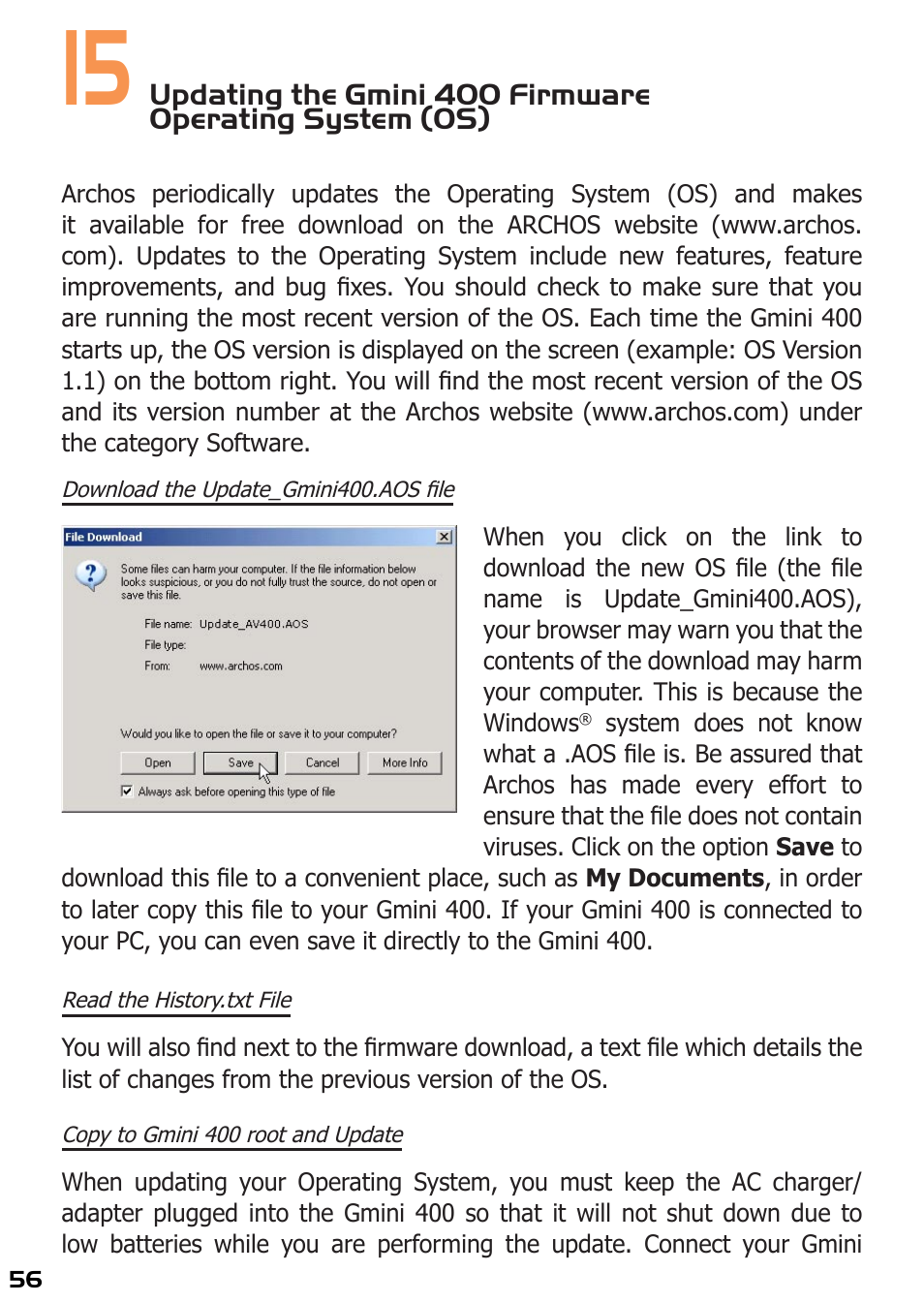 Download the update_gmini400.aos file, Read the history.txt file, Copy to gmini 400 root and update | ARCHOS 400 User Manual | Page 56 / 68