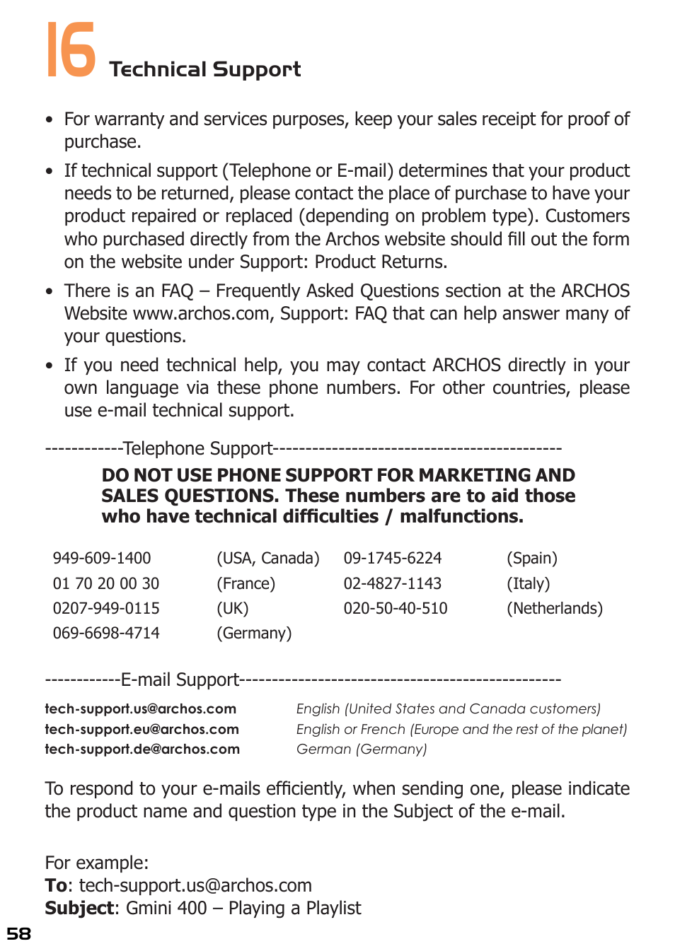 16 technical support, Technical support | ARCHOS 400 User Manual | Page 58 / 68