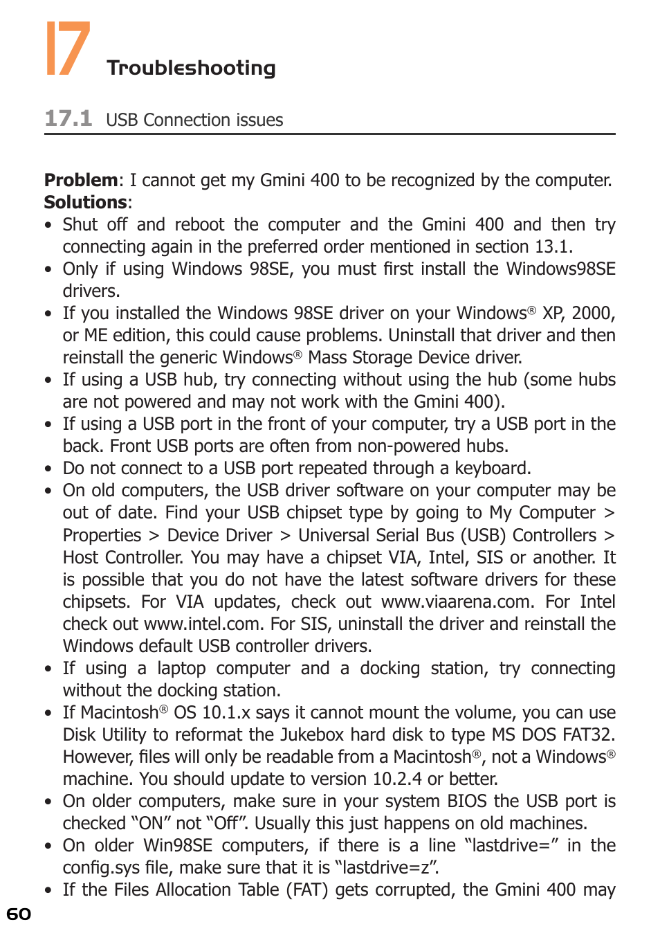 17 troubleshooting, 1 usb connection issues, Troubleshooting 17.1 | ARCHOS 400 User Manual | Page 60 / 68