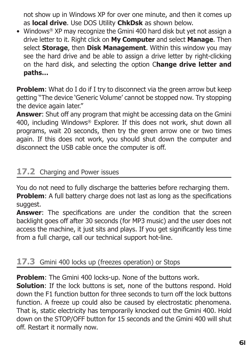 2 charging and power issues, 3 gmini 400 locks up (freezes operation) or stops | ARCHOS 400 User Manual | Page 61 / 68