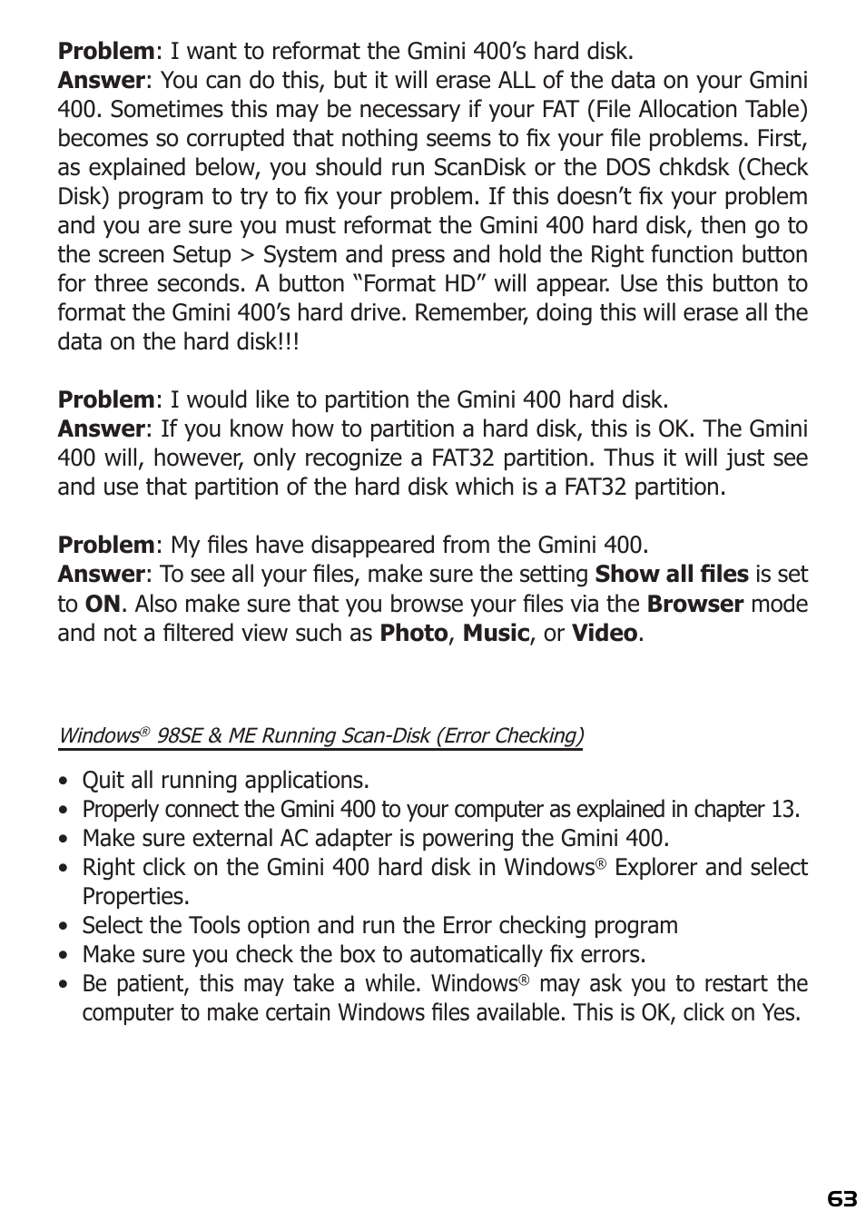 Windows, 98se & me running scan-disk (error checking) 63 | ARCHOS 400 User Manual | Page 63 / 68