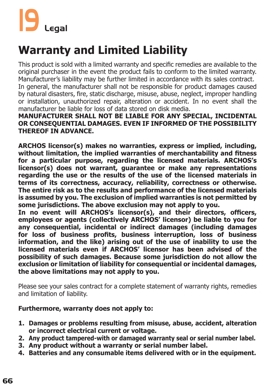 19 legal, Warranty and limited liability, Legal | ARCHOS 400 User Manual | Page 66 / 68