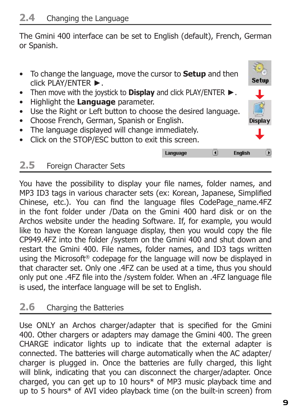 Changing the language, Foreign character sets, Charging the batteries | ARCHOS 400 User Manual | Page 9 / 68