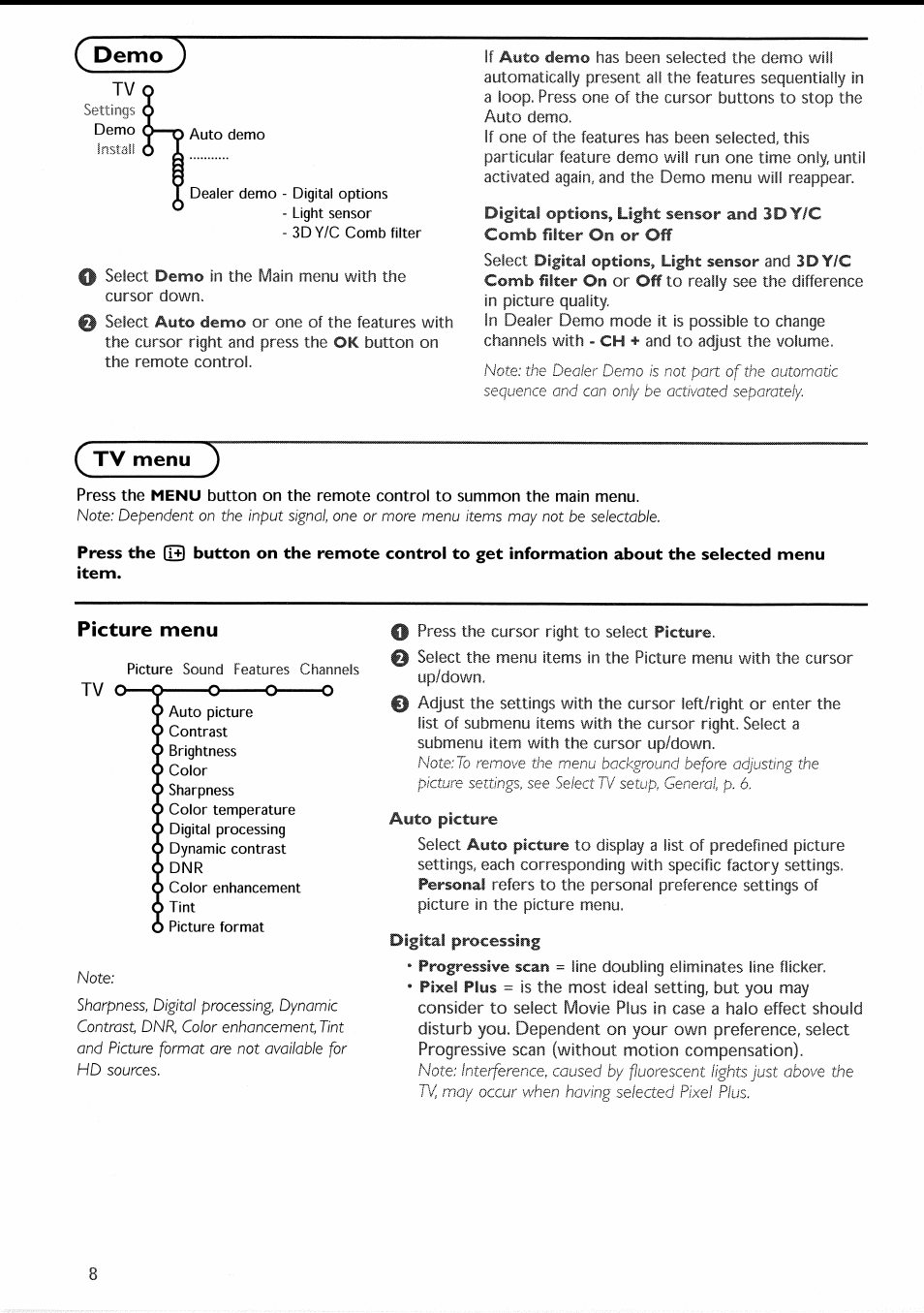 Demo, Tv menu, Picture menu | Auto picture, Digital processing, Picture menu -9 | Philips 30PF9946-37 User Manual | Page 11 / 90