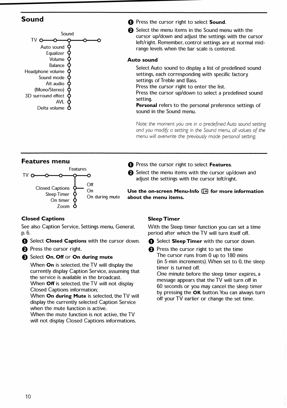 Auto sound, Closed captions, Sleep timer | Sound, Features menu | Philips 30PF9946-37 User Manual | Page 13 / 90