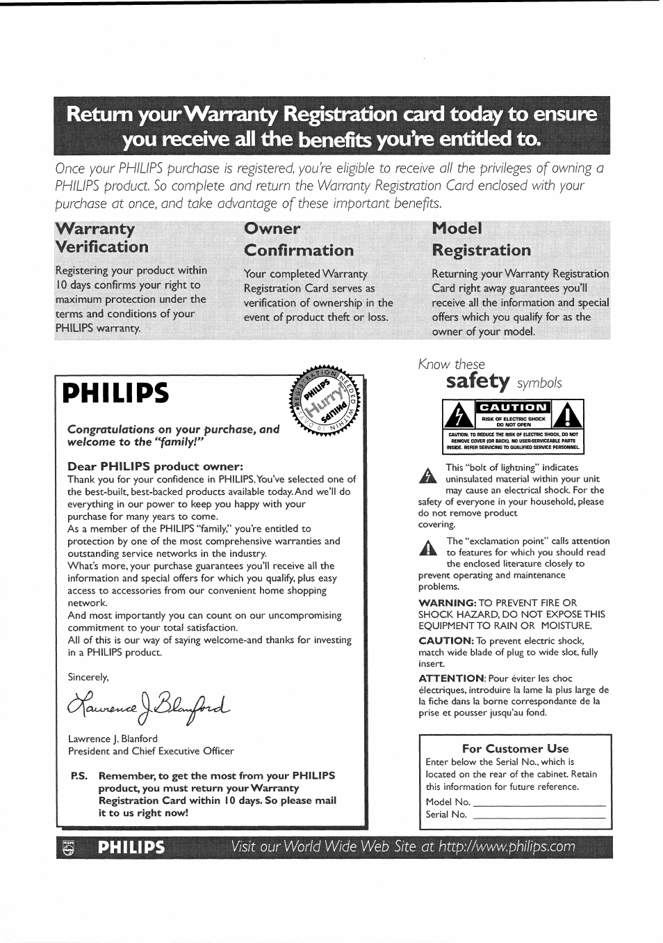 Registration, Philips, Safety | Warranty verification, Owner confirmation, Model registration | Philips 30PF9946-37 User Manual | Page 2 / 90