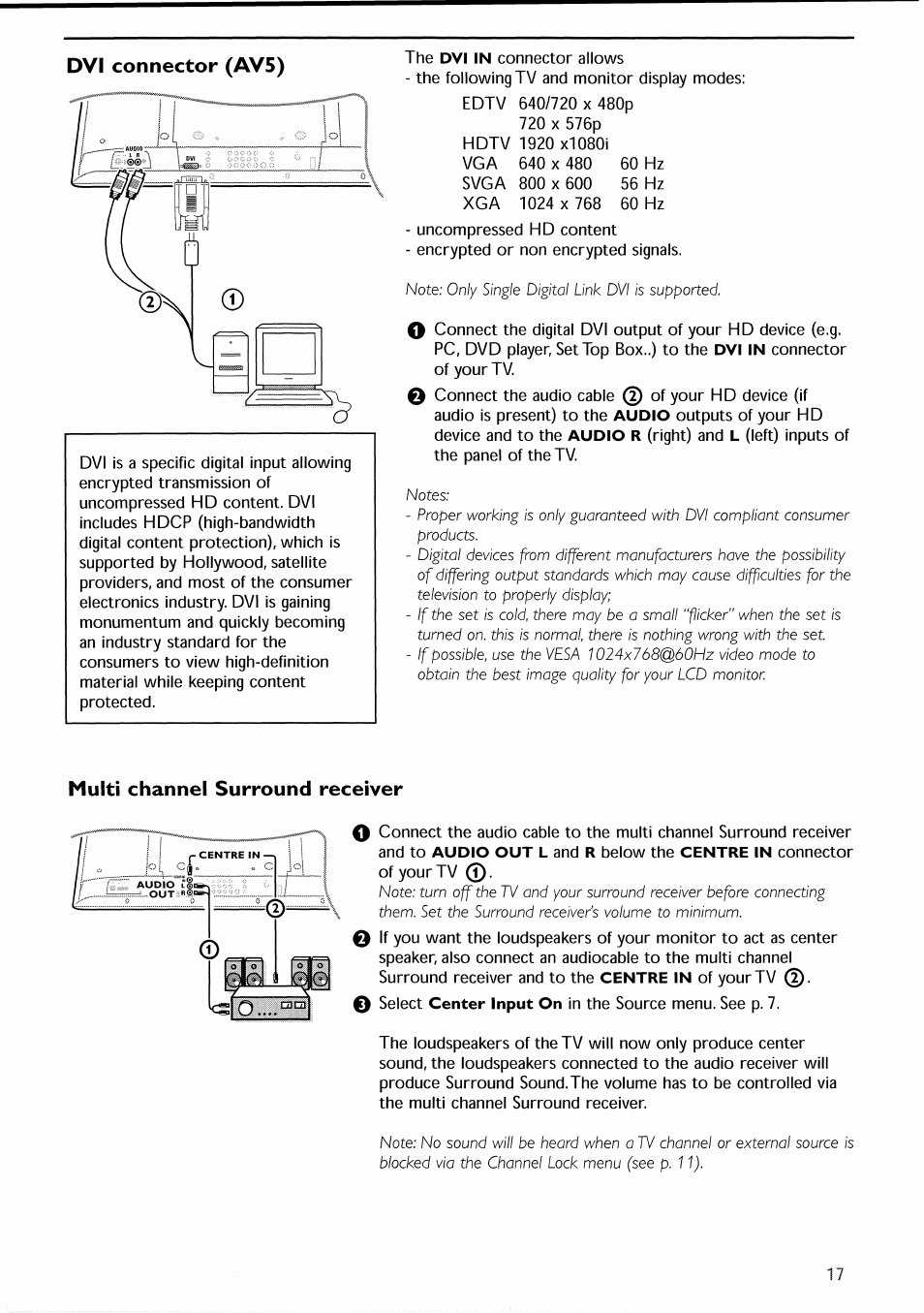 Dvi connector (av5), Multi channel surround receiver | Philips 30PF9946-37 User Manual | Page 20 / 90