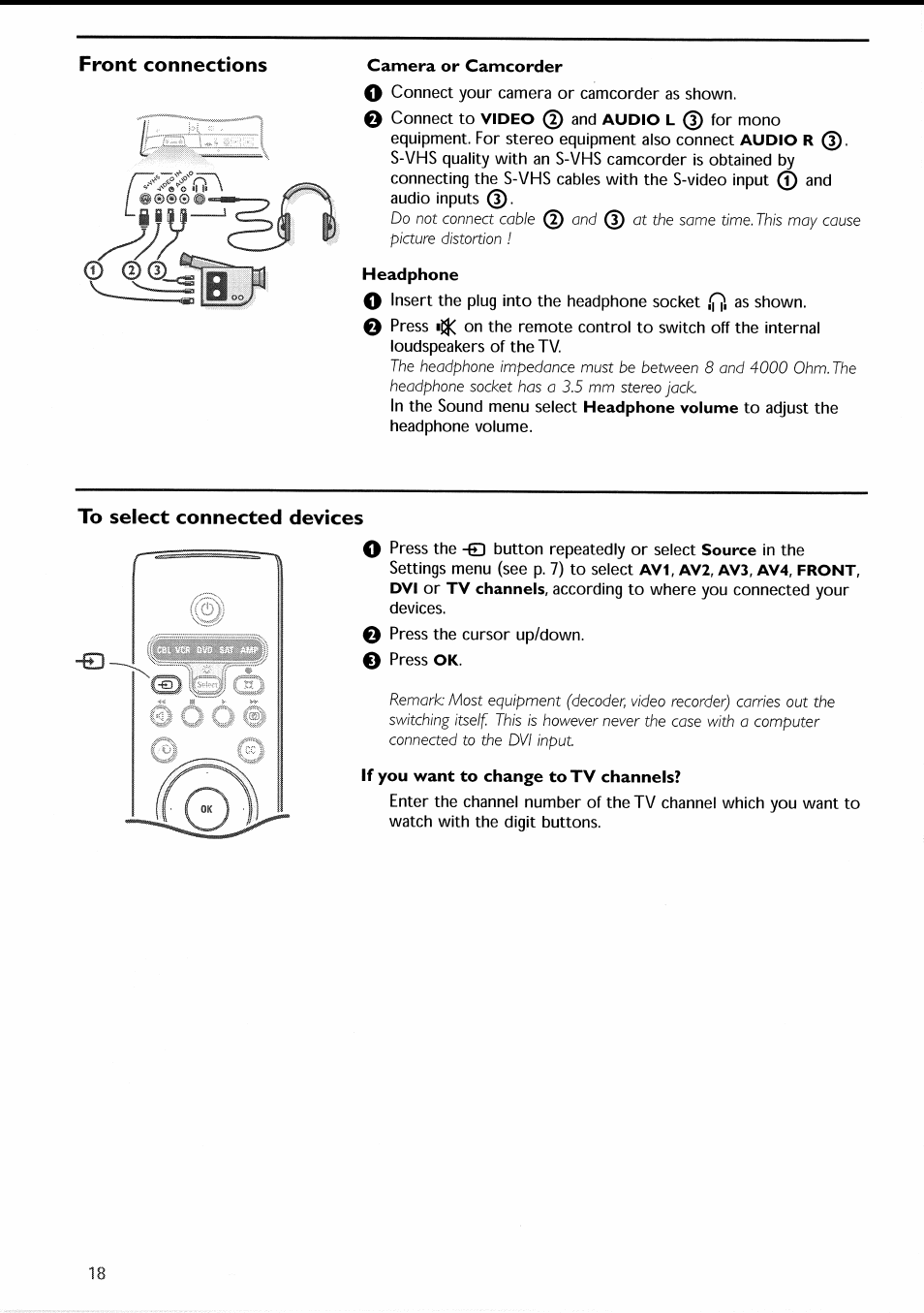 To select connected devices, Selecting connected devices, Front connections | Philips 30PF9946-37 User Manual | Page 21 / 90